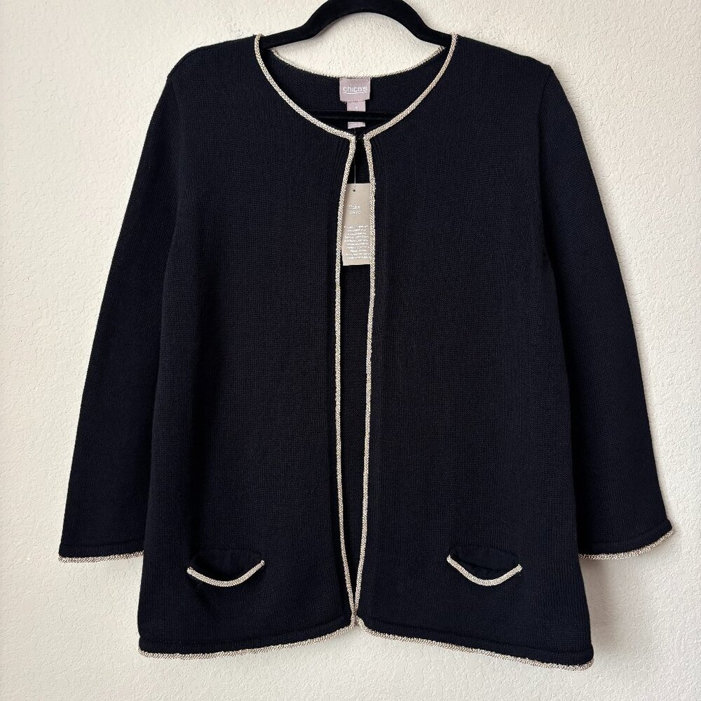 Chico's NEW Lena Gold Trimmed Knit One Closure Cotton Cardigan